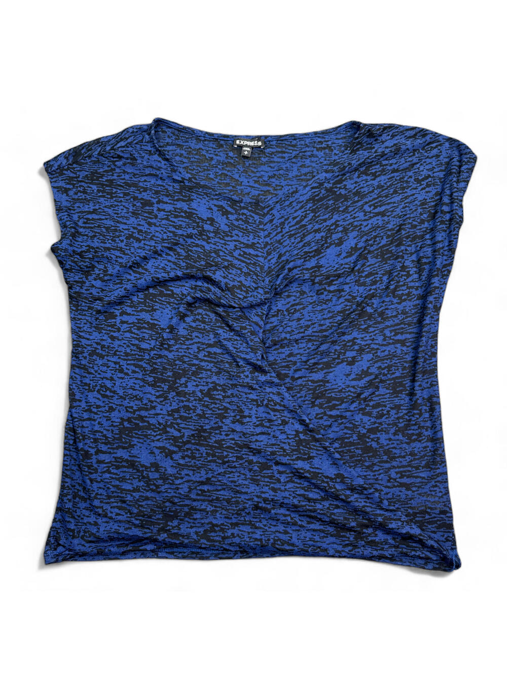 Express Blouse Top Womens Size Small Black Blue Ruffle Wrap Stretch Casual